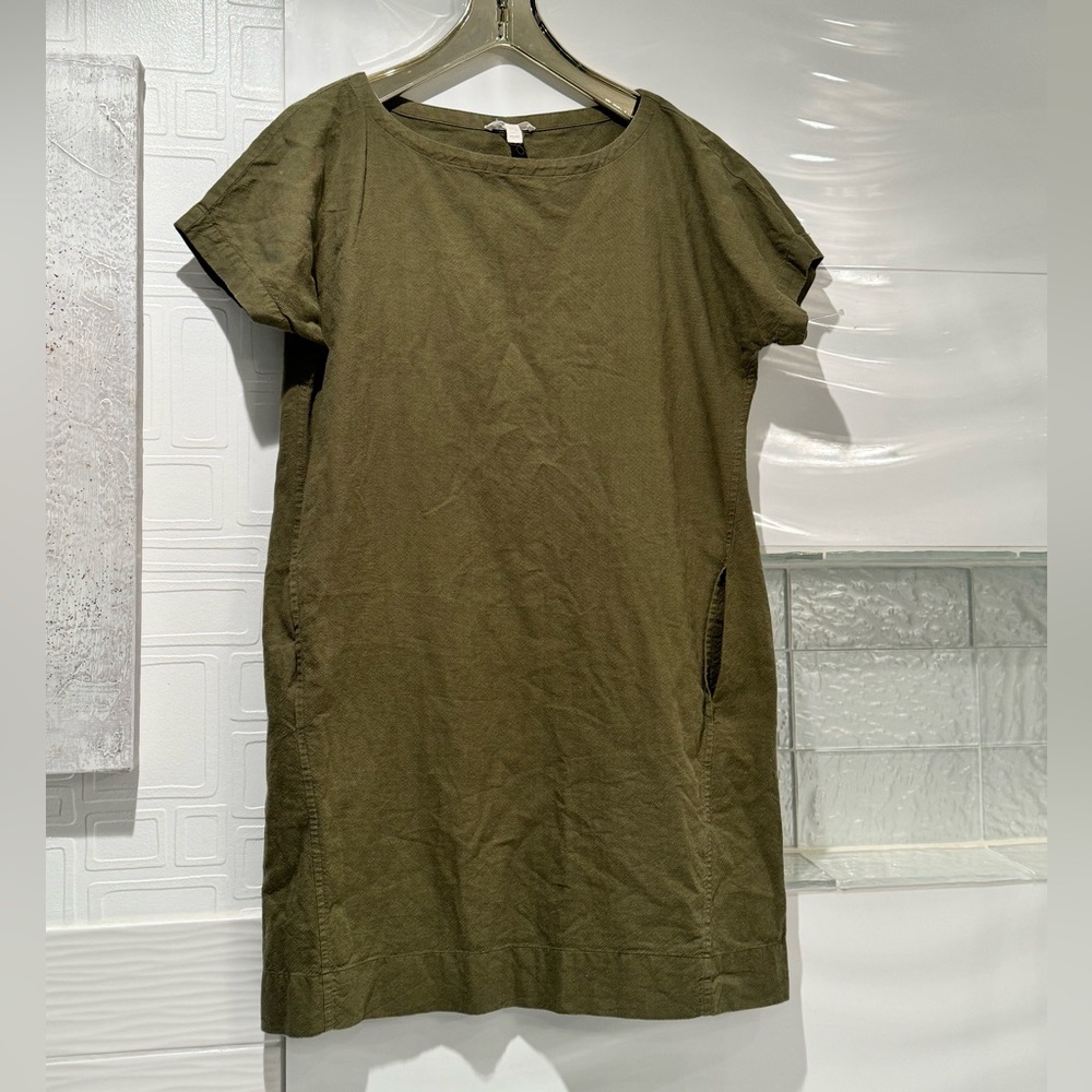 Eileen Fisher Dress Organic Linen Shift Olive with Front Pockets Sz PS